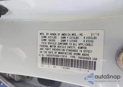 2016 Honda Accord Ex-L from USA, damaged, VIN 1HGCR2F89GA112619